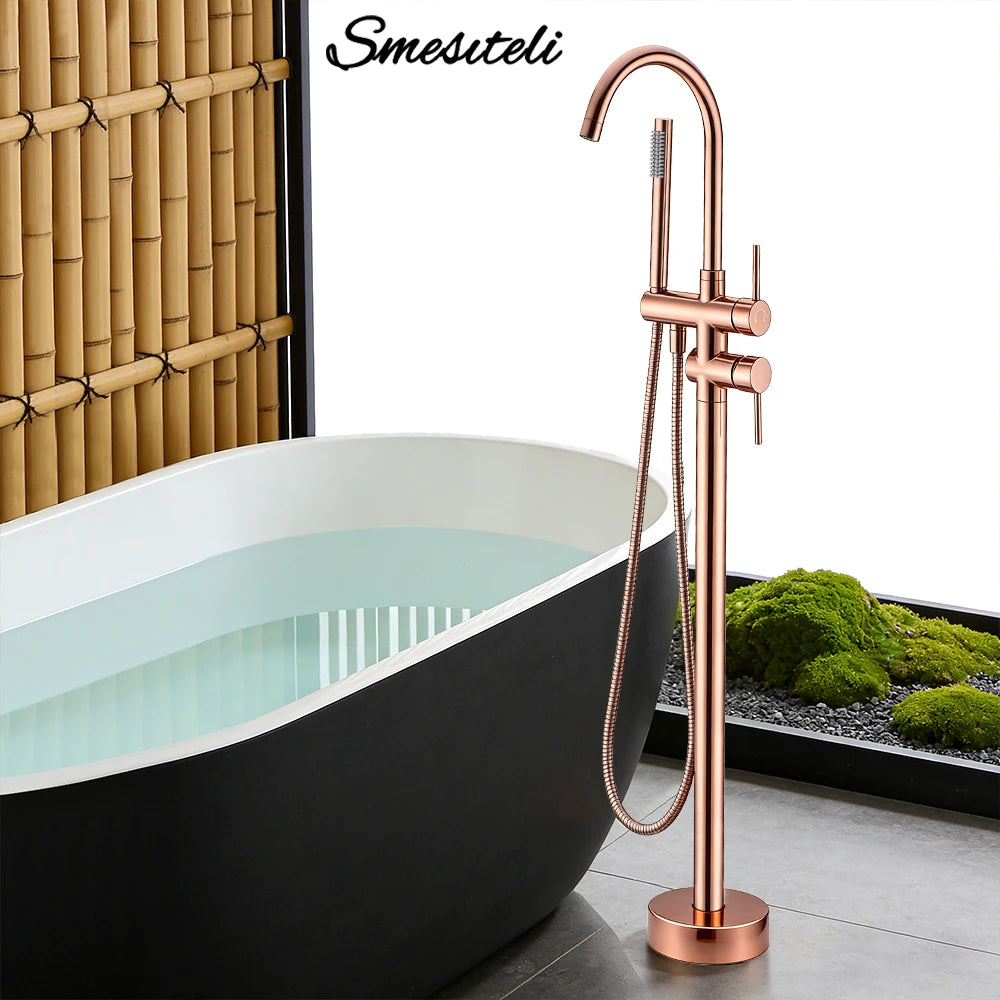 Robinet Baignoire Ìlot Sol Rose Gold – Laiton, Inverseur, Bec Baignoire & Douchette | Style Luxe Salle de Bain