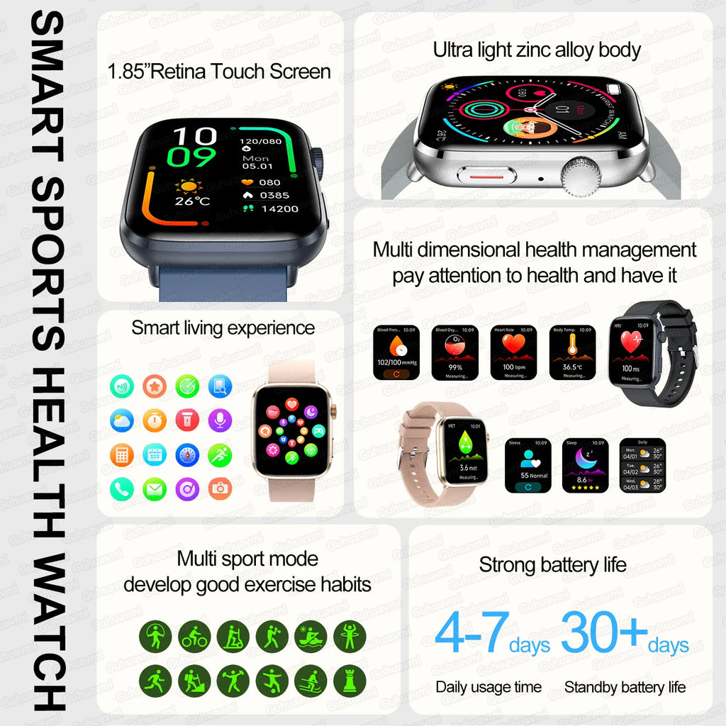 Smartwatch 2025 Unisexe Santé NFC Bluetooth – Tension Artérielle Oxygène Sport Appels | Homme & Femme