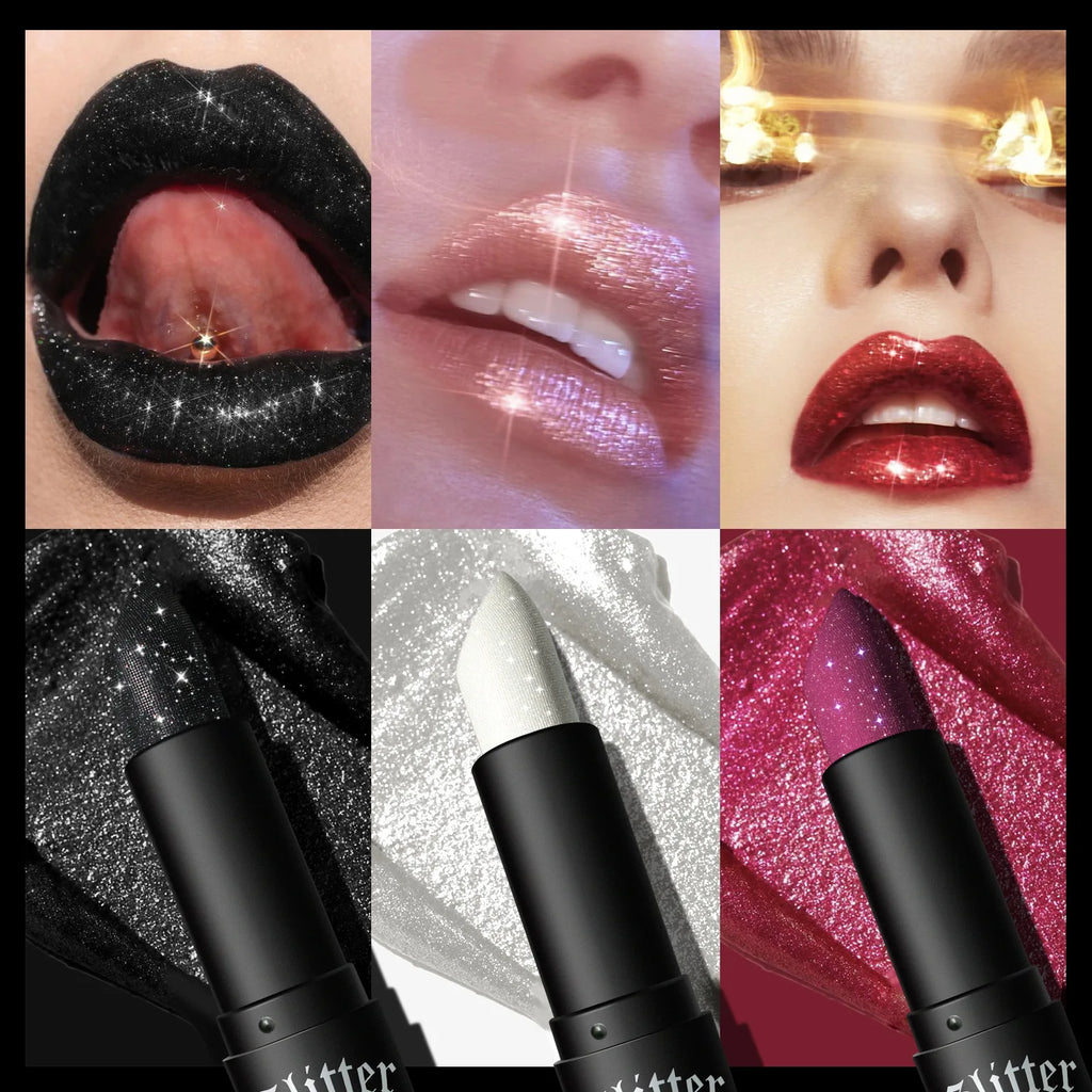 Rouge à Lèvres Glitter 7 Couleurs – Diamond Pearlescent Métallique Waterproof | Lipgloss Noir Femme