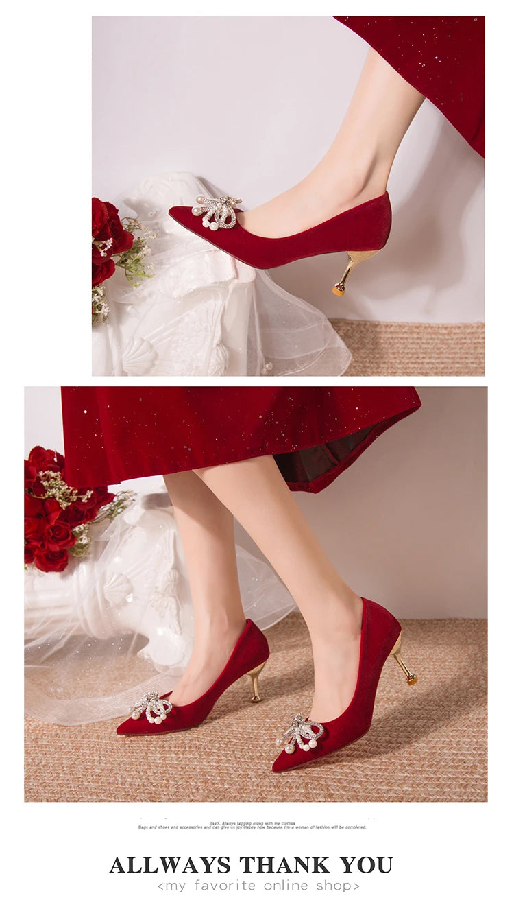 Chaussures Mariée Perle Talon Épais Bout Pointu – Xiuhe Robe Mariage Confortables