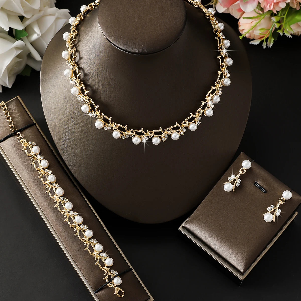 Parure Bijoux Mariage 4 Pièces Perles Strass — Collier Boucles Bracelet Mariée