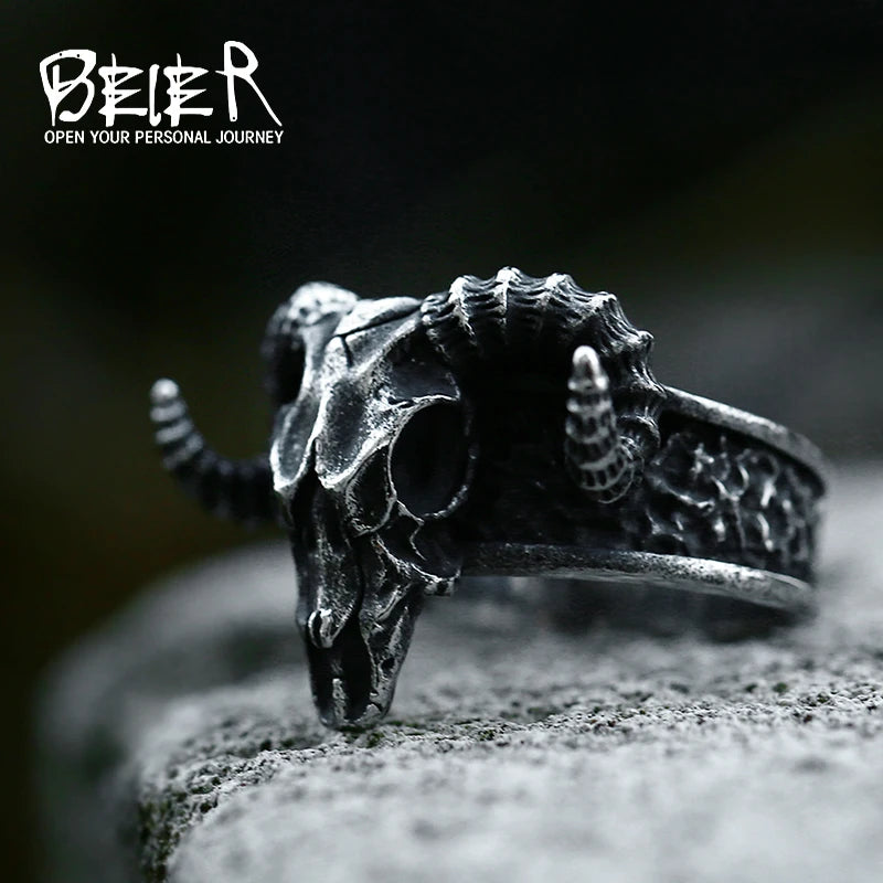 Bague Viking Tête de Bélier Acier Inoxydable 316L — Bijou Homme Vintage Ajustable
