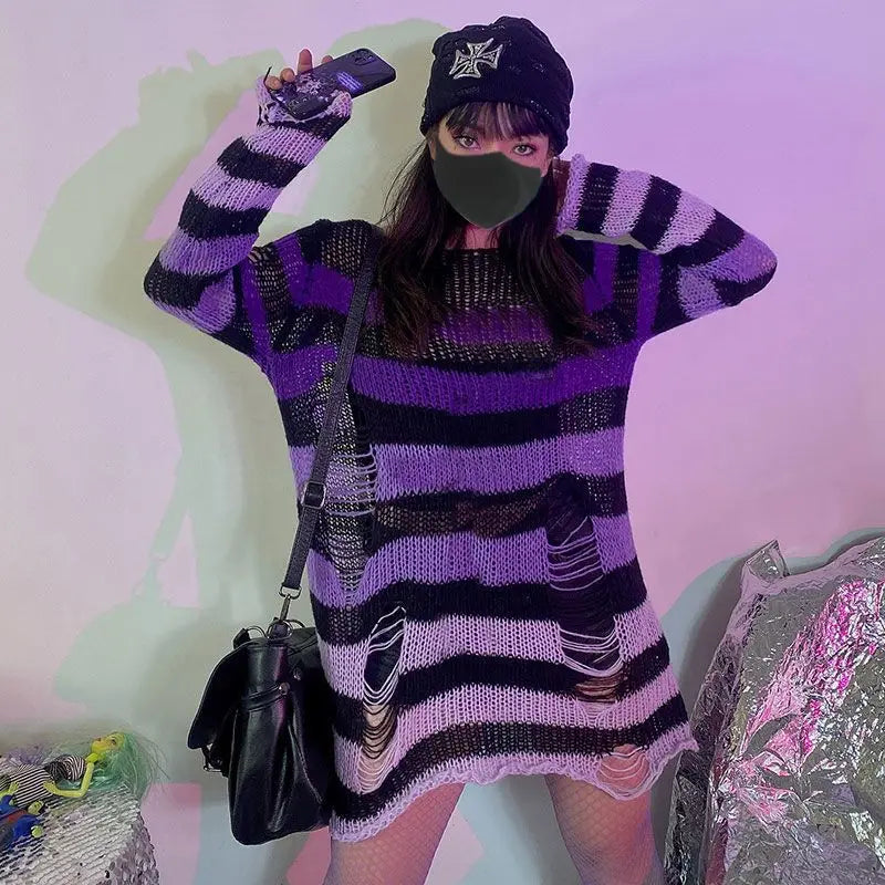 Gothic Damen Strickpullover Lila Streifen Zerrissen Ausgefranst – Fairy Grunge Lolita Emo Streetwear Stil