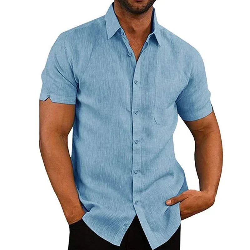 Herrenhemd Leinen Baumwolle Sommer Kurzarm Casual Unifarben Umlegekragen Formell Strand Leicht Atmungsaktiv – Lässiges Schickes Trendhemd | Premium Herrenmode