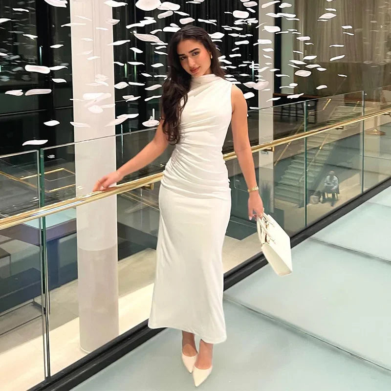 Damen Maxikleid Weiß Plissiert Ärmellos Rundhals – Schlank Machend Elegant | Sommerabend
