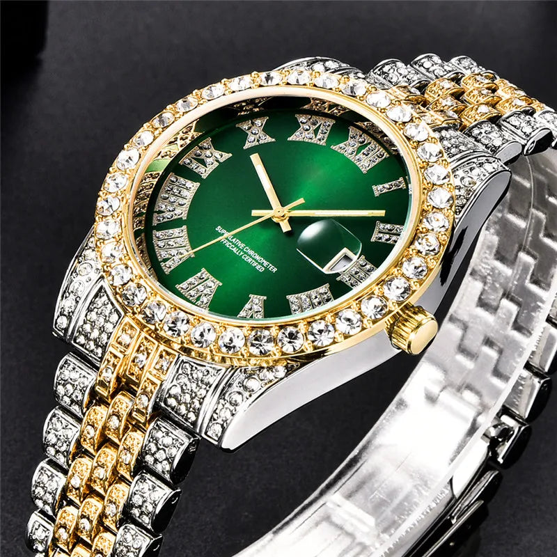 Montre Homme Hip Hop Diamant Fashion Bracelet Alliage Dorée Luxe Date Quartz Tendance Streetwear Bling | Montre Hip Hop Diamant Dorée Premium