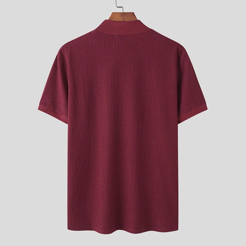T-Shirt Homme Moulant Col Haut Texturé Couleur Unie Manches Courtes Style Coréen K-Fashion Streetwear Casual Été | Tee Shirt Col Haut K-Fashion Premium