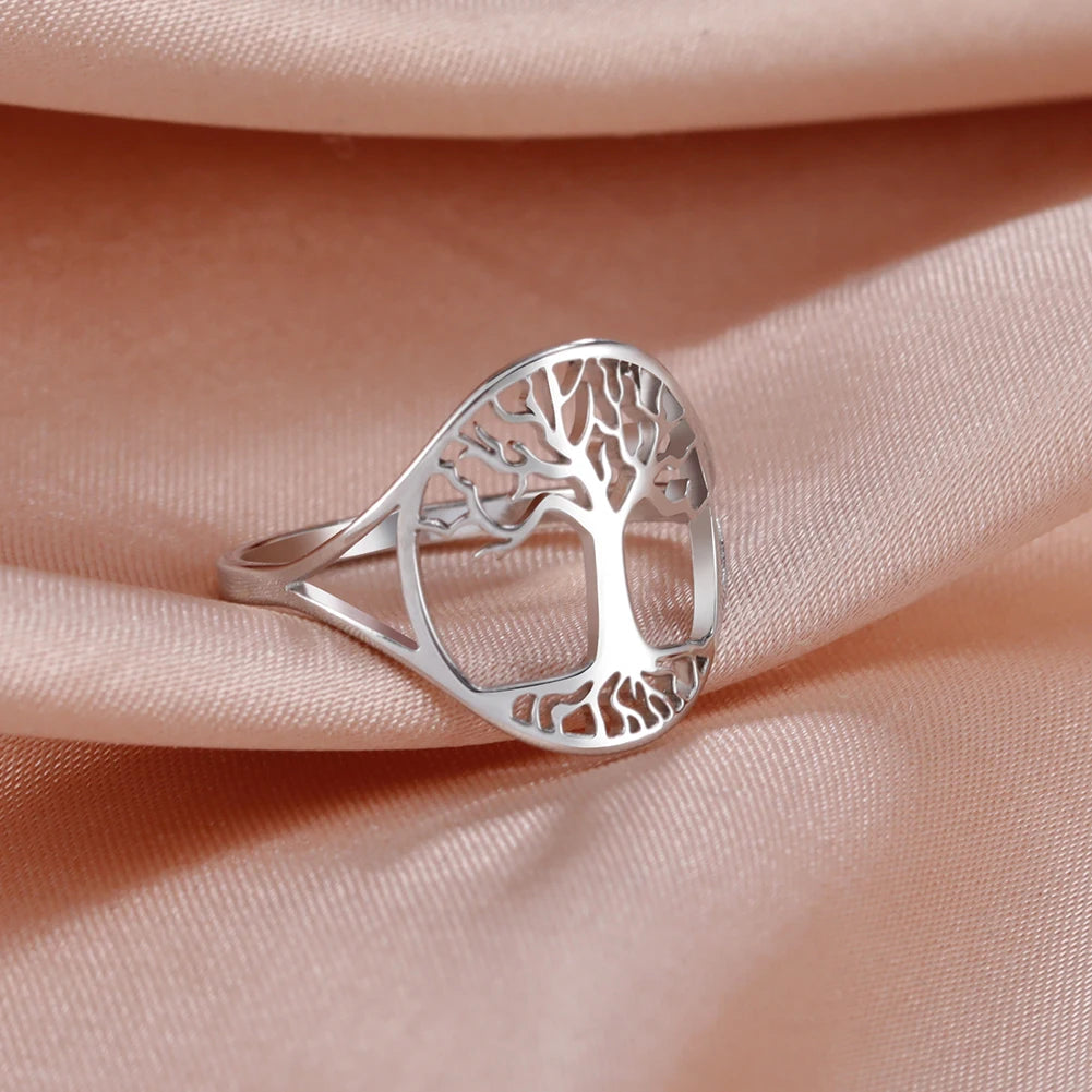 Bague Arbre de Vie Acier Inoxydable Argenté – Symbole Nature & Spiritualité | Bijou Unisexe Couple & Mariage | Cadeau Intemporel