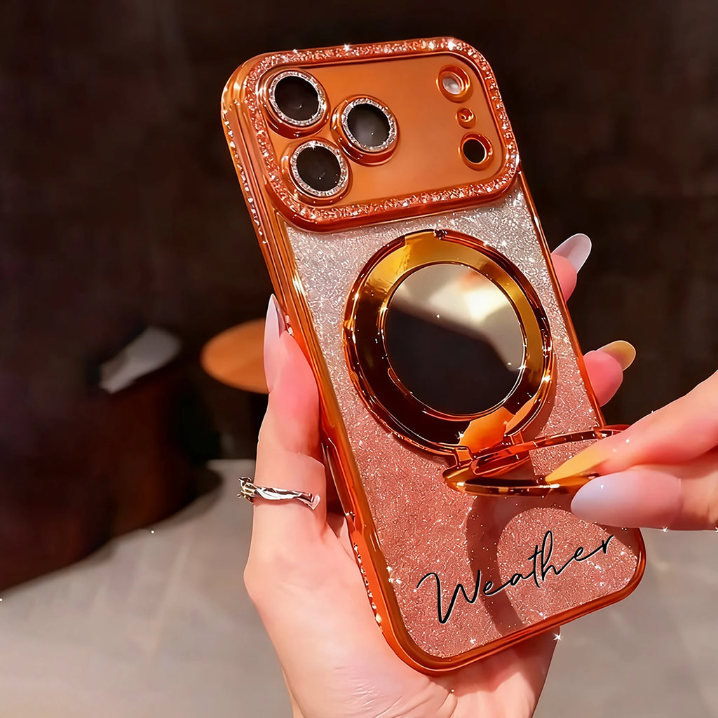 Coque iPhone Miroir Strass Personnalisée – Poudre Glitter & Support | iPhone 11-17 Pro Max