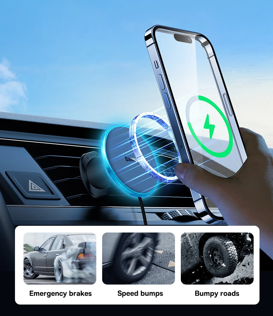 Baseus Chargeur Voiture Magnétique 15W – Support Téléphone Sans Fil iPhone 16 15 14 13
