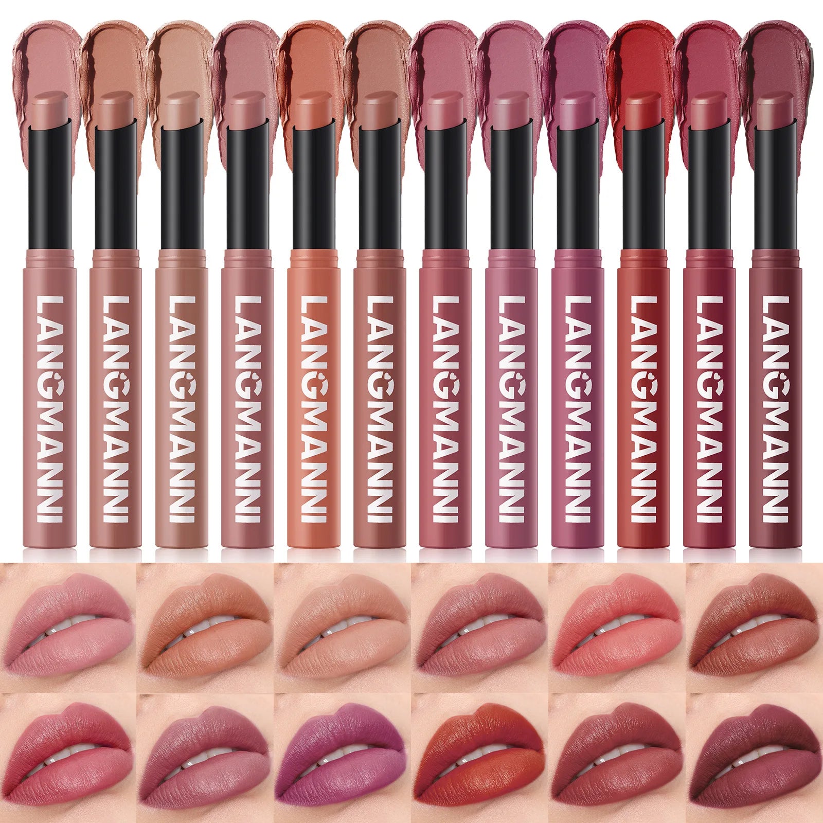 Crayon Lèvres Mat Waterproof 12 Couleurs – Longue Tenue Sans Transfert | Teinture Nude & Lip Stain