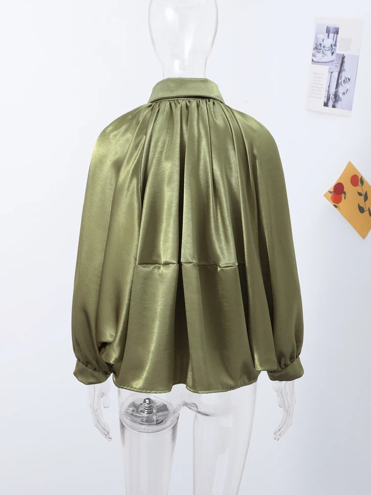 Veste Femme Suède Vert Élégante Manches Bouffantes Revers Fermeture Éclair Ample Plissée – Blouson Court Streetwear Printemps Automne | Mode 2025