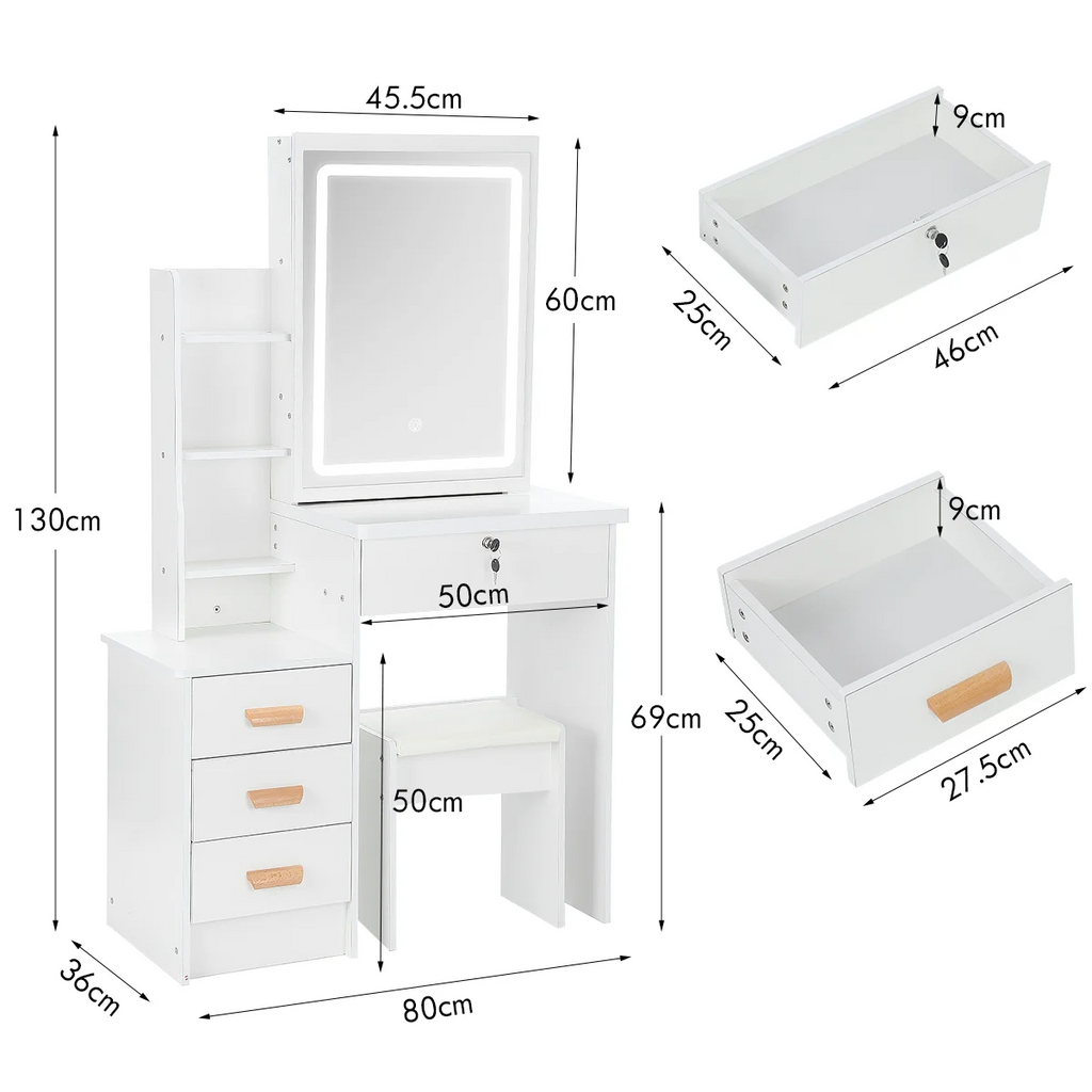 Coiffeuse avec Miroir & Tabouret Blanc – Tiroirs & Étagères Ouvertes | Bureau Maquillage Chambre