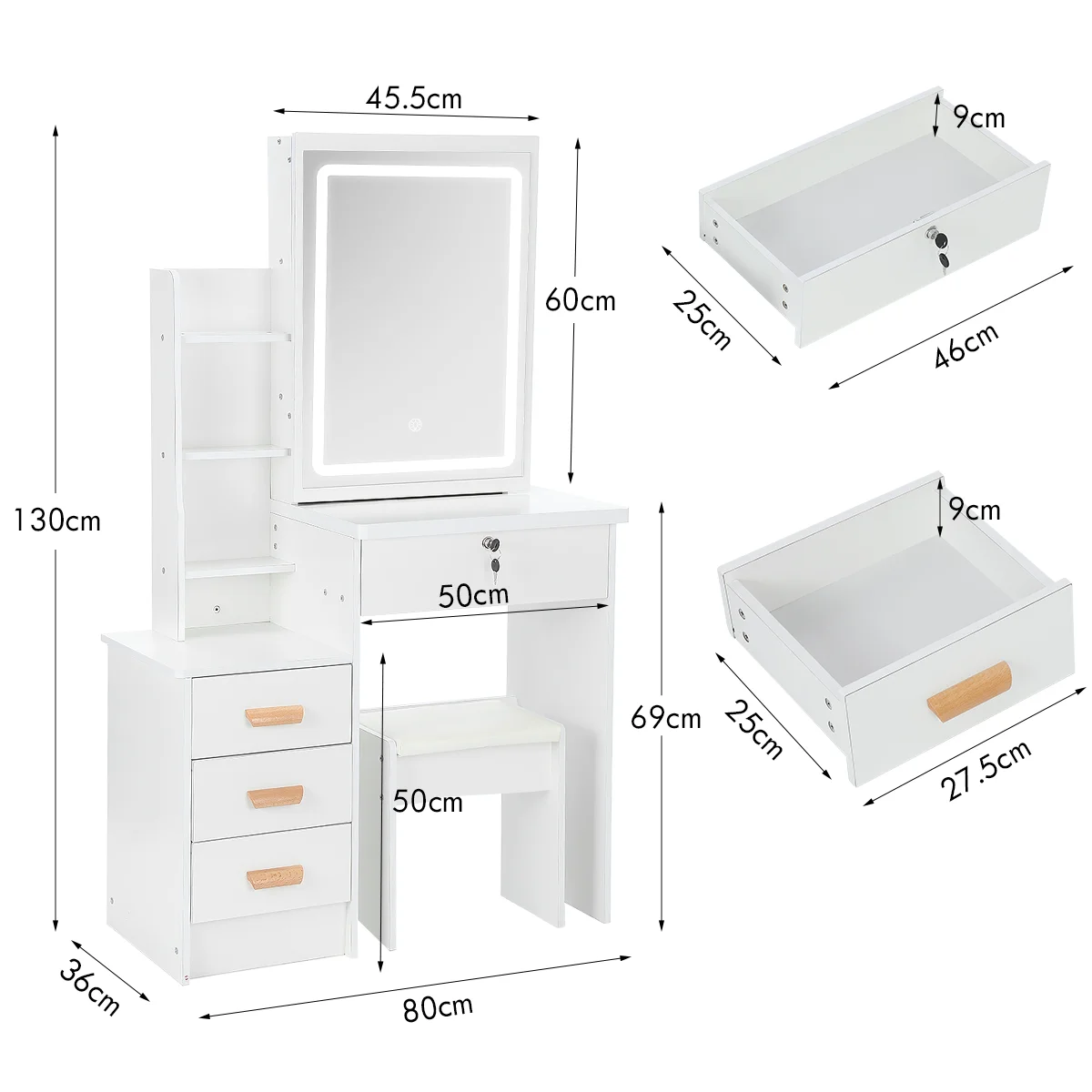 Coiffeuse avec Miroir & Tabouret Blanc – Tiroirs & Étagères Ouvertes | Bureau Maquillage Chambre
