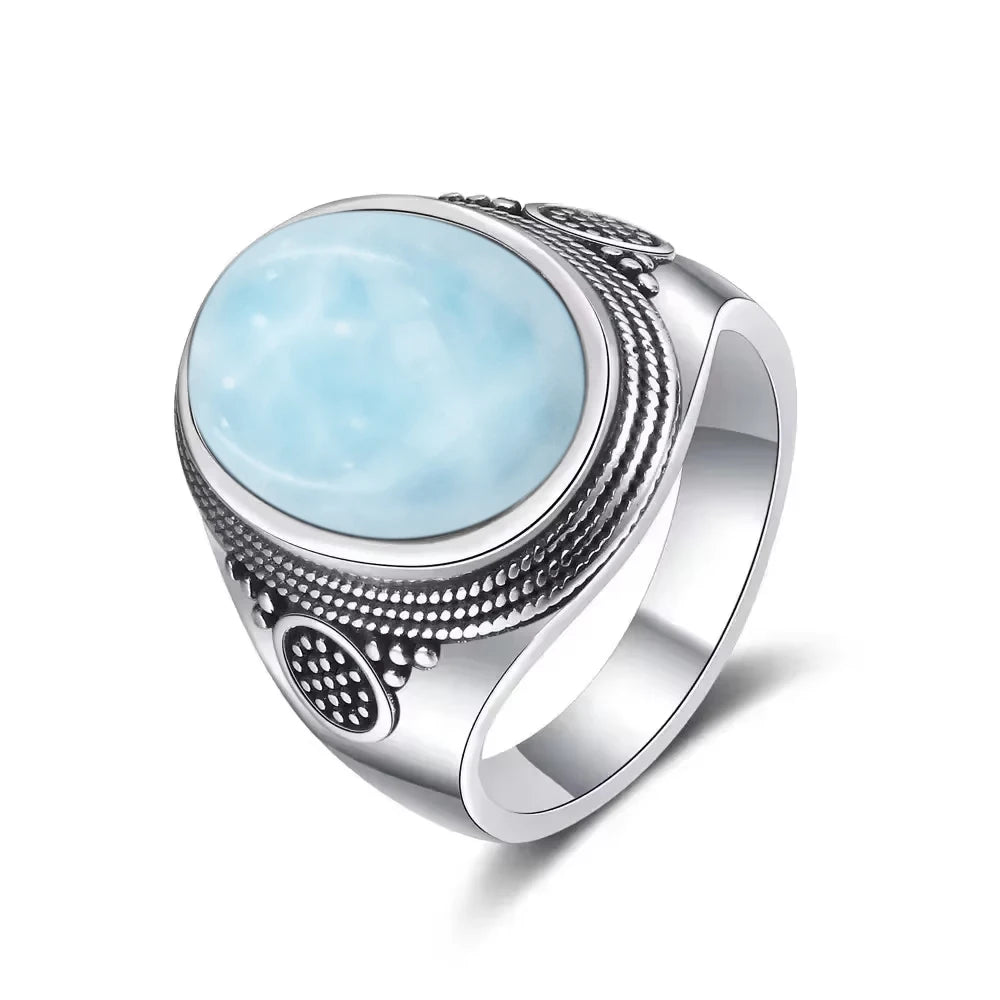 Bague Argent 925 Pierre Larimar Naturelle Vintage – Forme Fleur Ronde Bleu Ciel & Eau de Mer | Bijou Fin Unisexe Pierre Rare des Caraïbes & Cadeau Premium