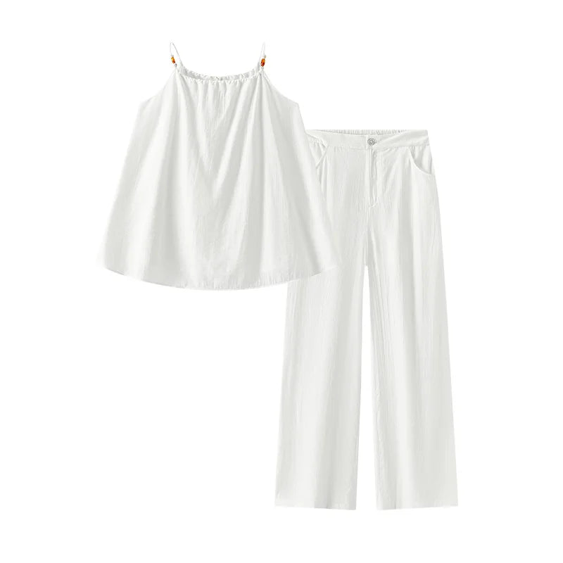 Ensemble 2 Pièces Femme Lin Pantalon Large Nœud Bretelles – Tenue Été Vacances Légère | Semir 2025