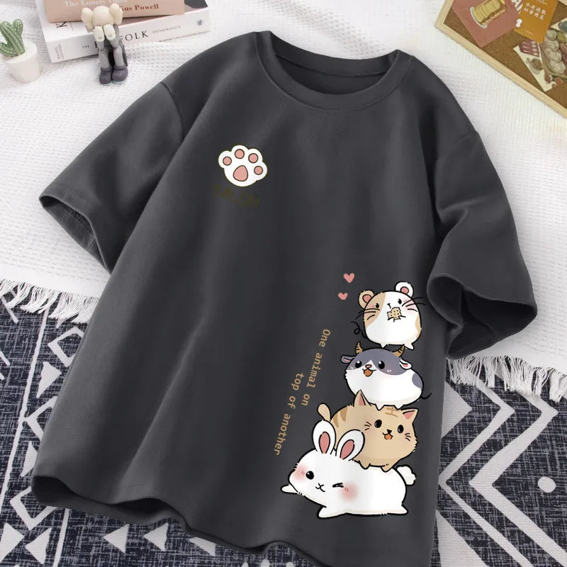 T-Shirt Imprimé Hamster Kawaii Style Japonais Femme – Coupe Loose Casual | Été Cute & Doux