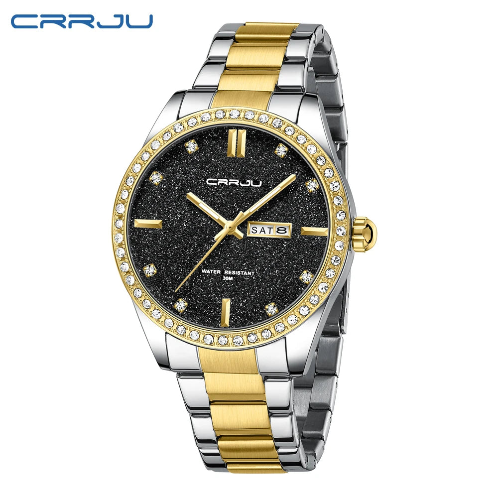 Montre Homme CRRJU Moissanite Diamant Luxe Cadran Doré Acier Inoxydable Lumineux Élégante Premium | Montre CRRJU Moissanite Diamant Luxe Premium