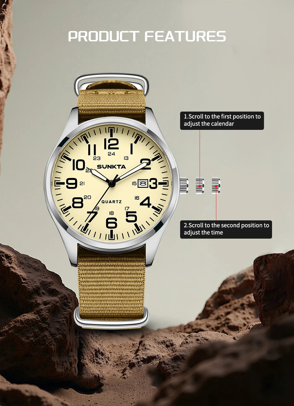 Montre Homme SUNKTA Militaire Sport Luxe Quartz Date Nylon Cuir Lumineux Étanche – Fashion Tendance