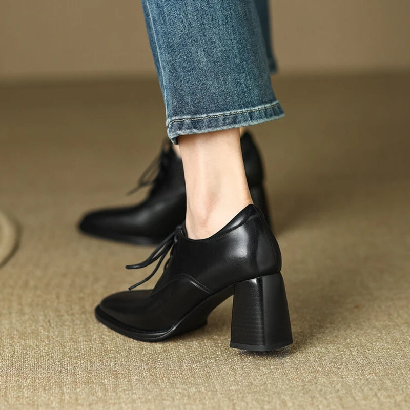 Loafers Bout Carré Chunky Heel Cuir Femme – Lacets Retro Noir Plus Size Printemps Automne