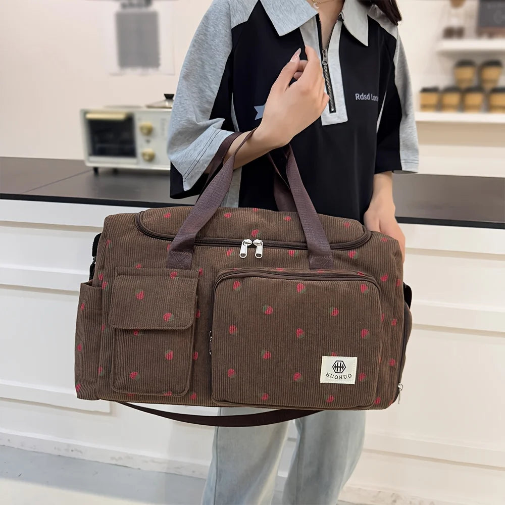 Sac de Voyage Fraise Velours Côtelé – Grande Capacité Bandoulière Léger Sport Fitness Bagage
