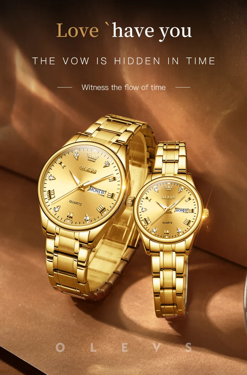 Paar-Uhr OLEVS Gold Luxus Quarz – Stahl Leuchtend Wasserdicht Datum Wochentag Trend