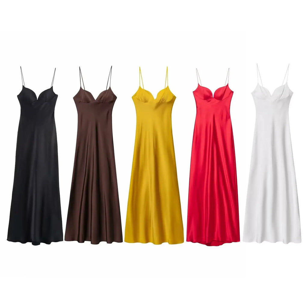 Robe Longue Femme Satin Rouge Col V Bretelles Sans Manches – Fermeture Dos Zip Élégante | HH Été 2025