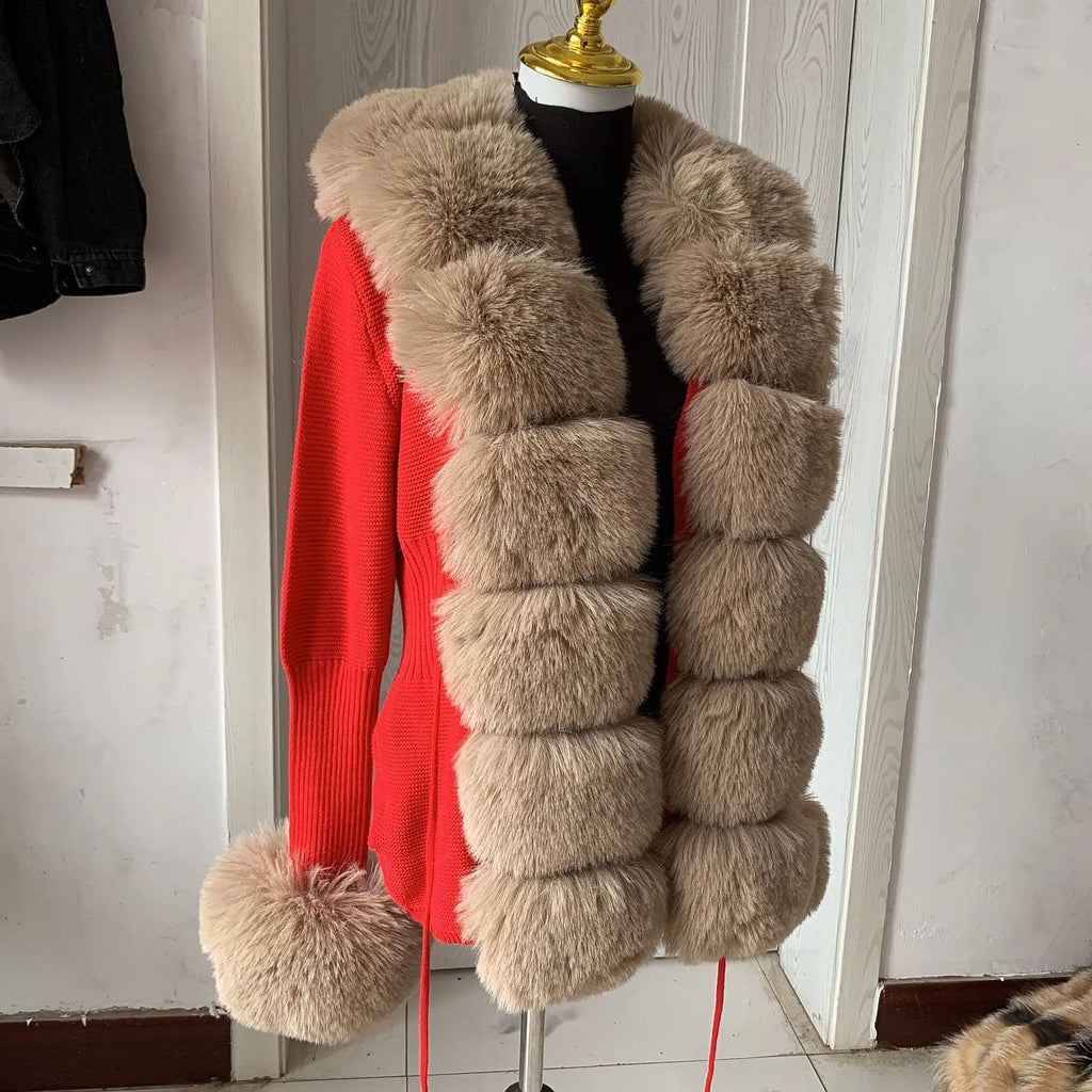 Damen Cardigan Strick Kragen Kunstpelz Fuchs Elegant – Chic & Luxuriöser Pullover Mantel | Frühling Herbst