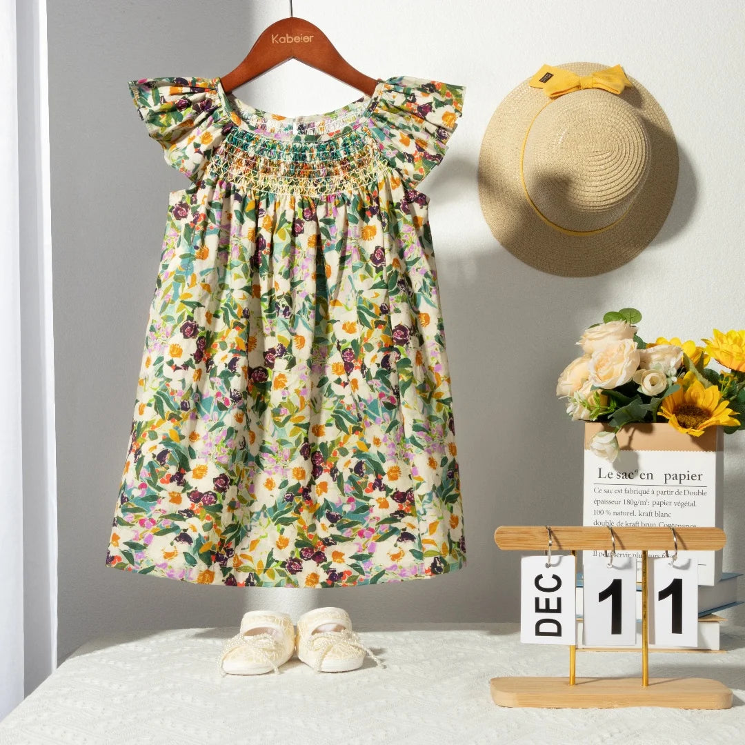 Robe Été Fille Fleurie Smockée Manches Volantes – Tenue Quotidienne Adorable 1-6 Ans