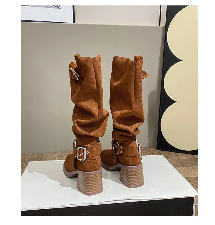 Bottes Cowboy Femme Marron Vintage Boucle Métal 2024 – Talon Carré Longues Knight Fashion