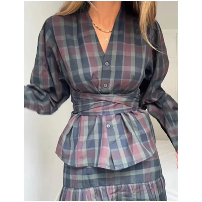Ensemble 2 Pièces Femme Veste À Carreaux Manches Lanterne Lacets Plissée & Jupe Longue – Tenue Bureau Casual Chic Élégante | Mode