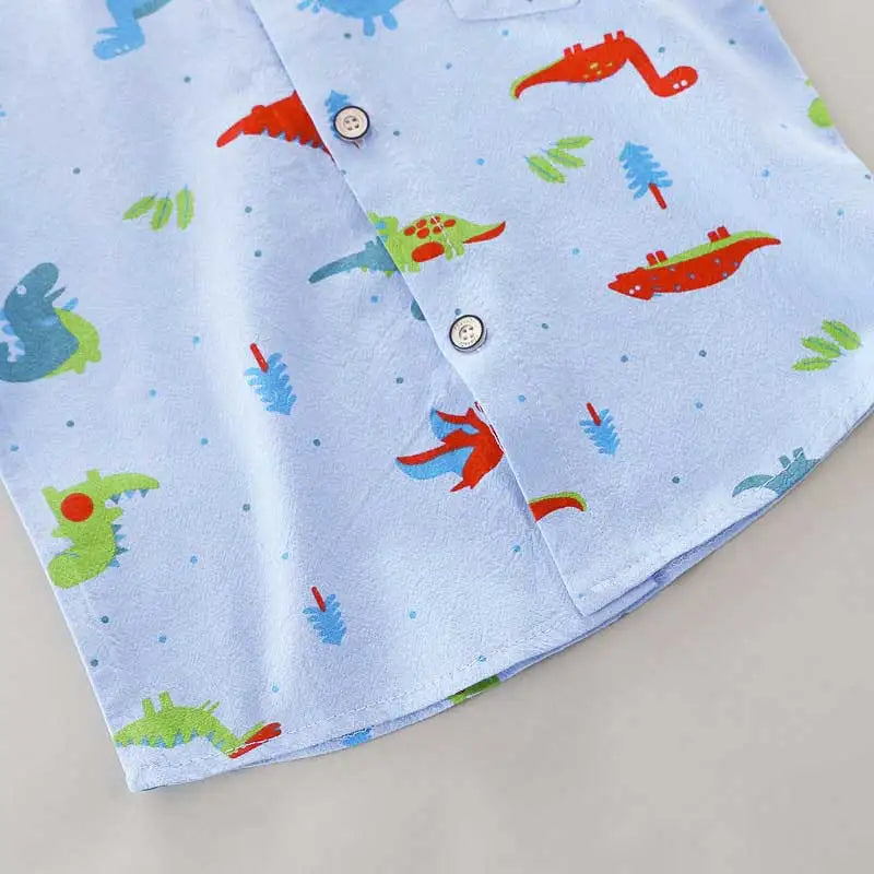 Ensemble 2 Pièces Bébé Imprimé Dinosaure Cartoon – Chemise Col Montant Manches Courtes Garçon