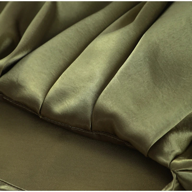 Veste Femme Suède Vert Élégante Manches Bouffantes Revers Fermeture Éclair Ample Plissée – Blouson Court Streetwear Printemps Automne | Mode 2025