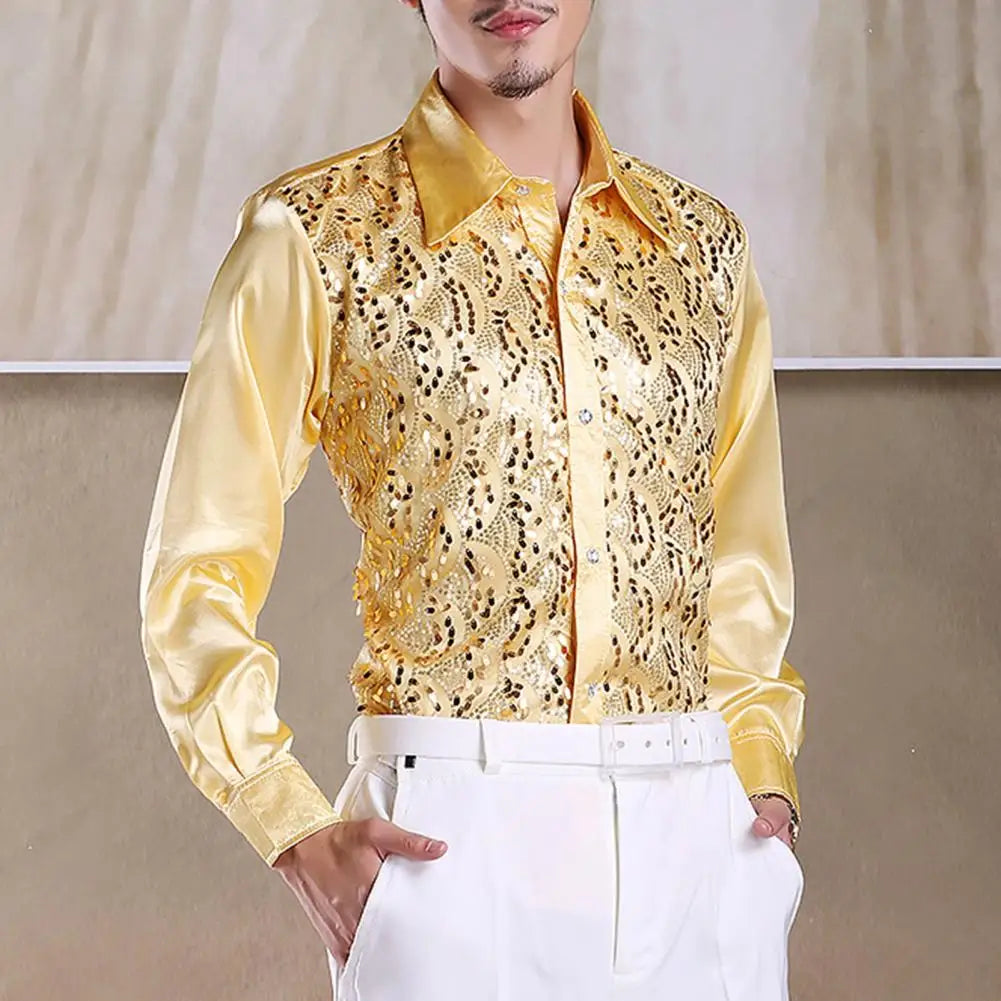 Chemise Homme Luxe Paillettes Scène Mariage Manches Longues Boutonnage Simple – Tenue Formelle Casual Élégante Brillante | Mode Homme Premium