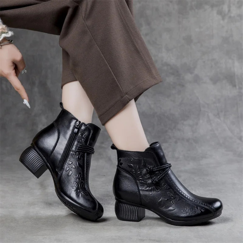 GKTINOO Bottines Cuir Véritable Talon Épais 2026 – Zip Retro Fait Main Automne Hiver