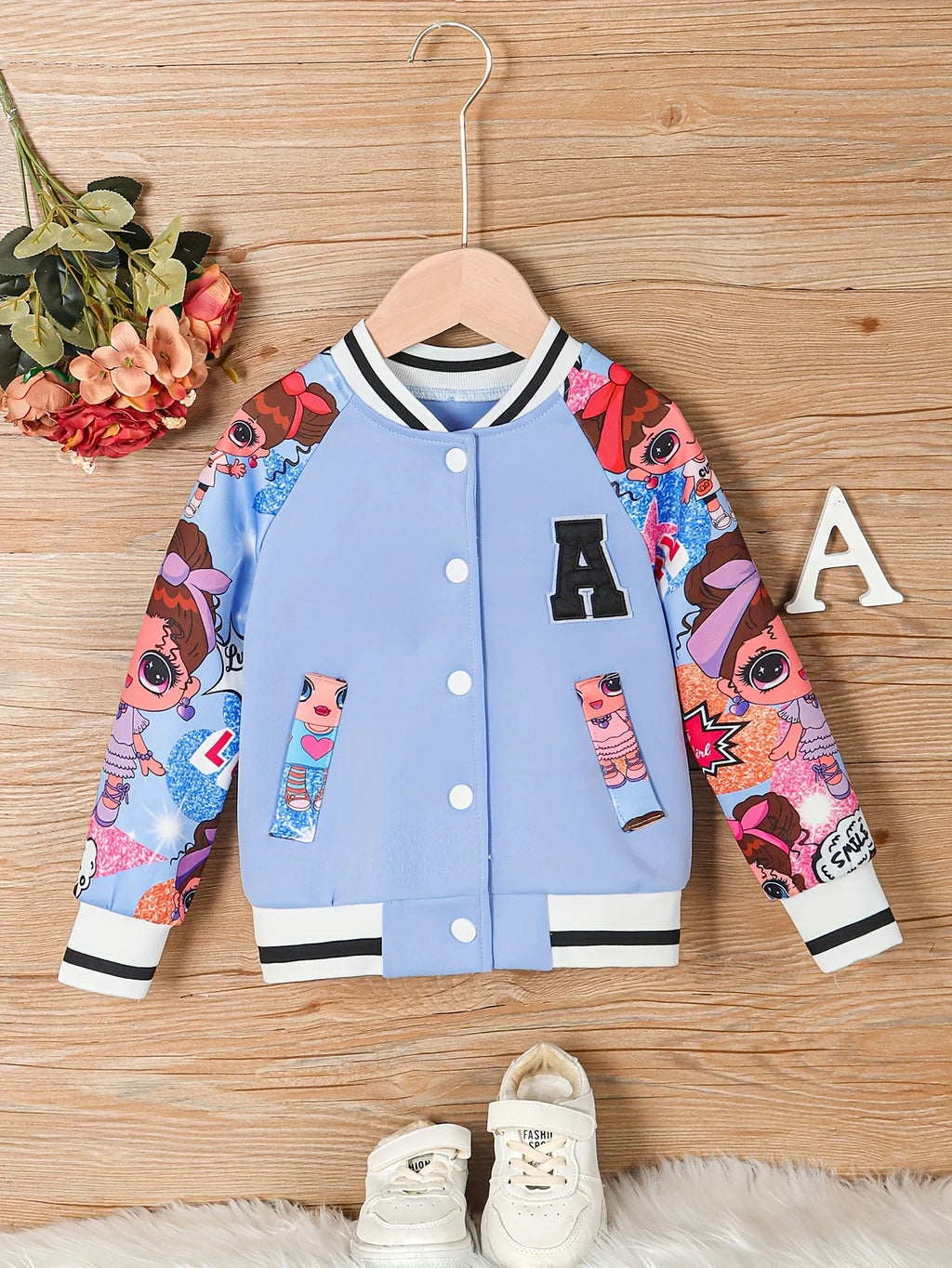 Veste Baseball Fille Imprimé Poupée Cartoon Lettre A – Blouson Casual Printemps Automne Enfant