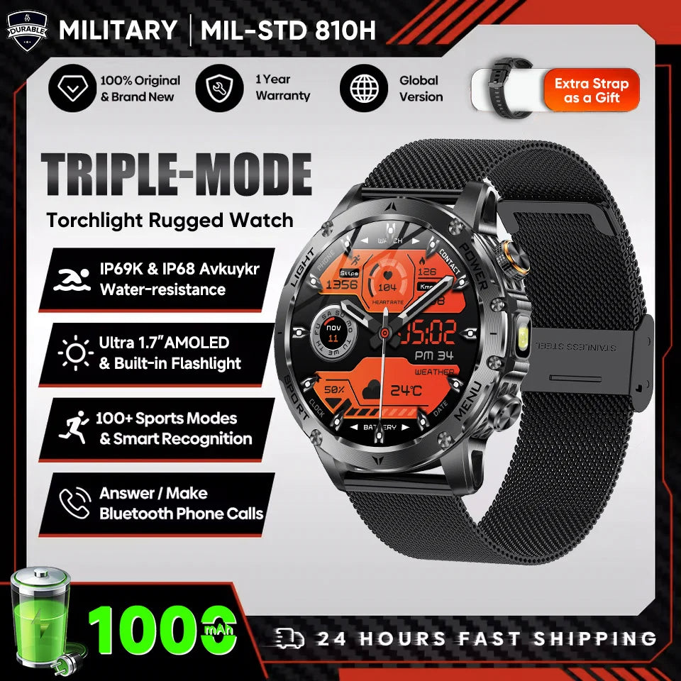 Smartwatch Militaire Homme GPS NFC 3ATM – Montre Connectée Bluetooth 1.7" HD 1000mAh Étanche
