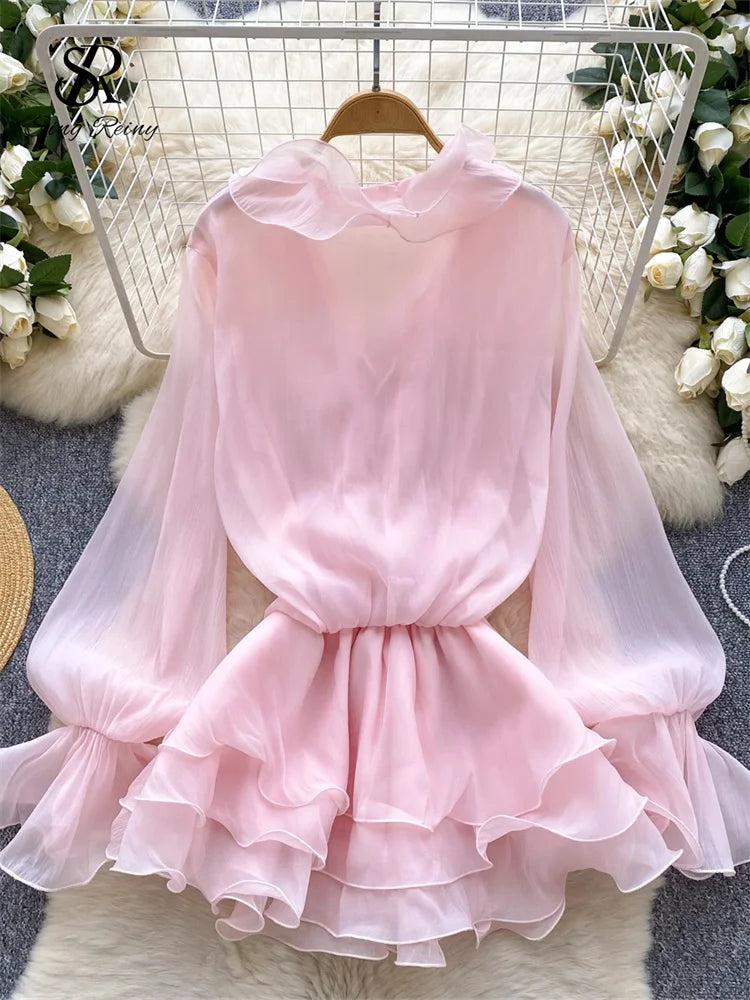 Robe Courte Femme Fleurs 3D Manches Longues Laçage Volants Mousseline – Vintage Bohème Sexy | Plage Été
