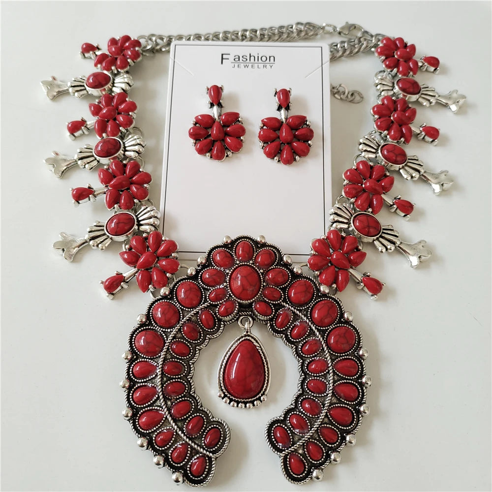 Parure Collier & Boucles Boho Ethnique Turquoise Résine – Pendentif Statement Baroque Retro | Style Indien Vintage | Bijou Femme Tendance 2026