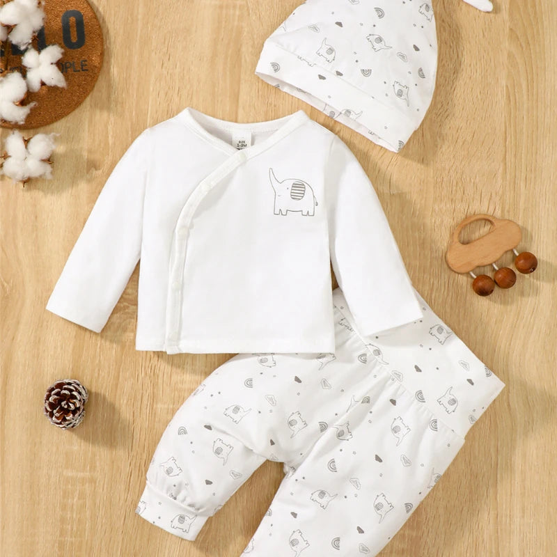 Tenue 3 Pièces Bébé Éléphant – Top Manches Longues + Pantalon + Bonnet Printemps Automne 0-9 Mois