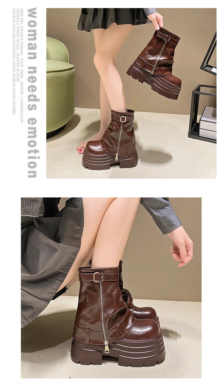 Bottines Cuir Femme 10CM Chunky Platform – Combat Boots Punk Moto Non-Slip Automne Hiver