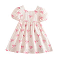 Robe Princesse Fille Manches Bouffantes Col Carré Nœud Imprimé – Tenue Casual Été 3-7 Ans