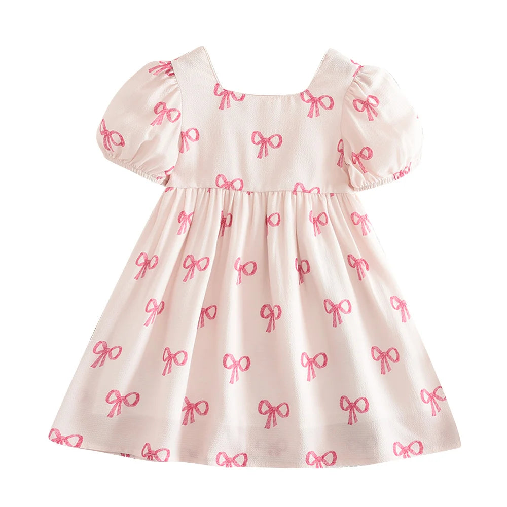 Robe Princesse Fille Manches Bouffantes Col Carré Nœud Imprimé – Tenue Casual Été 3-7 Ans