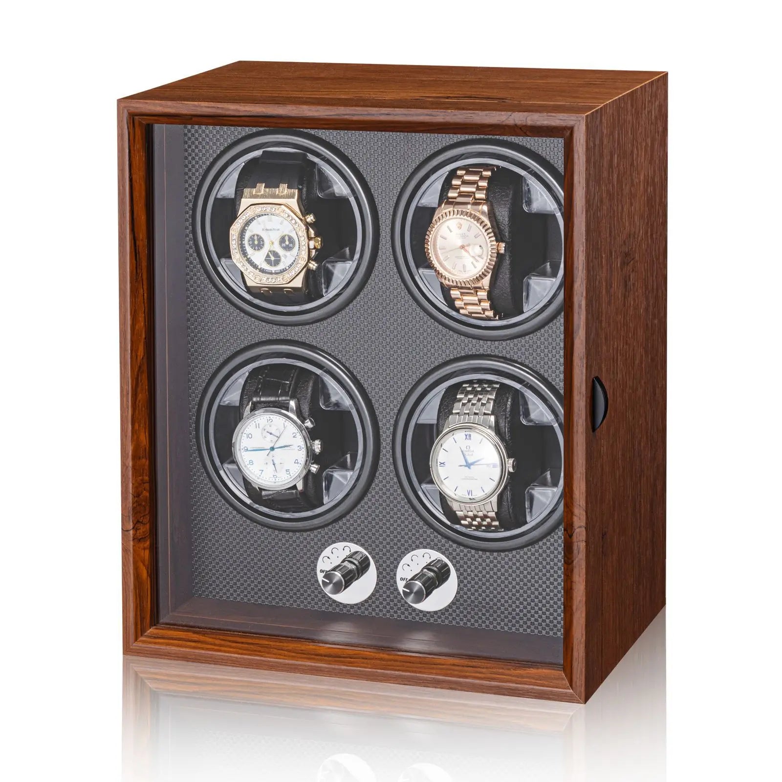 Remontoir Montre Automatique 1/2/4/6 Slots Boîte Bois Moteur Silencieux LED Bleue Vitrine Bijoux Premium | Remontoir Montre Automatique Bois LED Premium