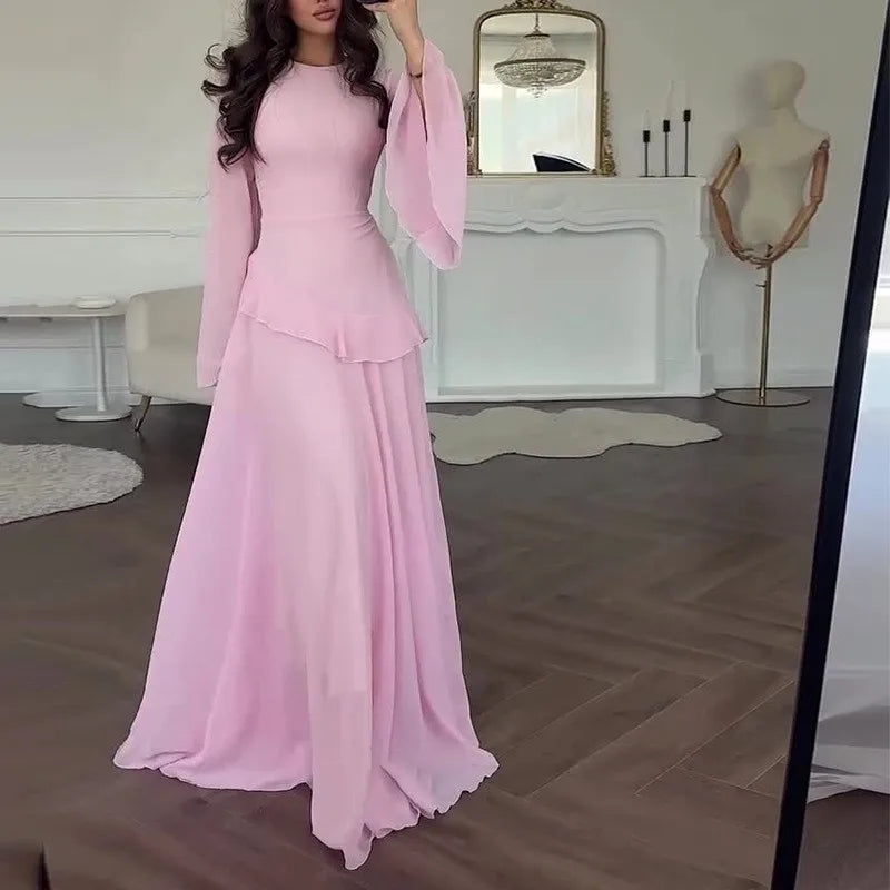 Robe Maxi Femme Chiffon Unie Volants Manches Papillon Col Rond – Élégante Soirée & Gala | 2025