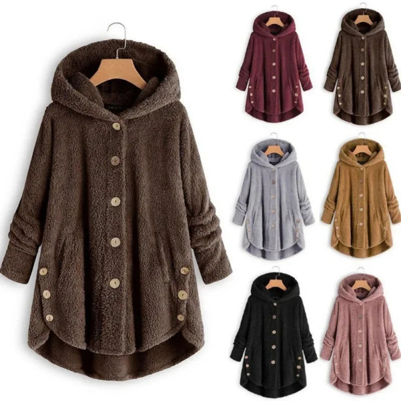 Damen Teddyfell-Mantel mit Kapuze – Warme Fleece-Jacke Unifarben | Herbst Winter Trend