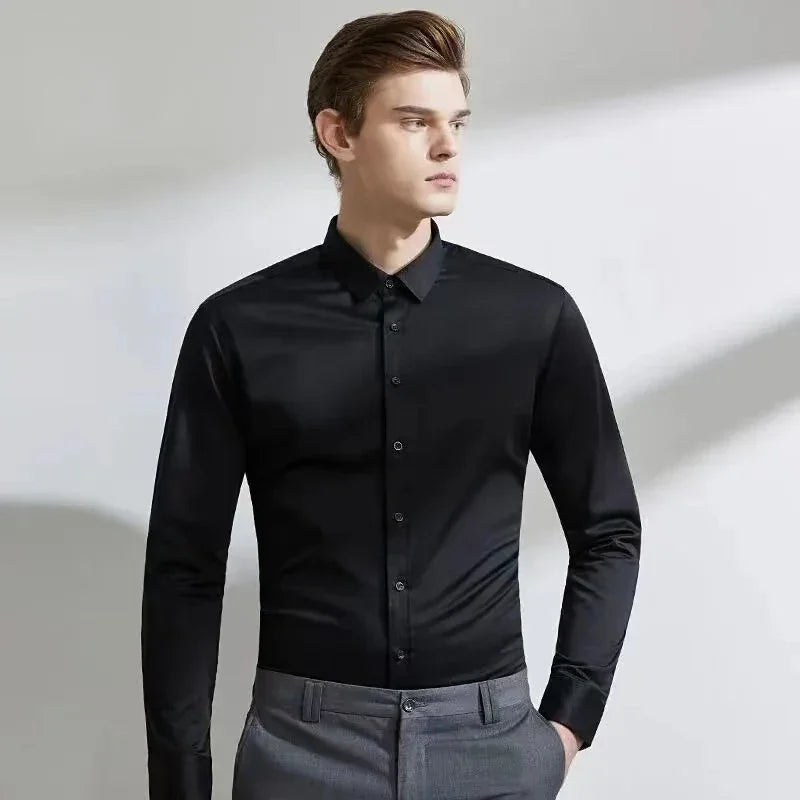 Chemise Homme Manches Longues Élastique Col Mao Sans Repassage – Tenue Professionnelle Business Dress Élégante | Mode Homme Premium