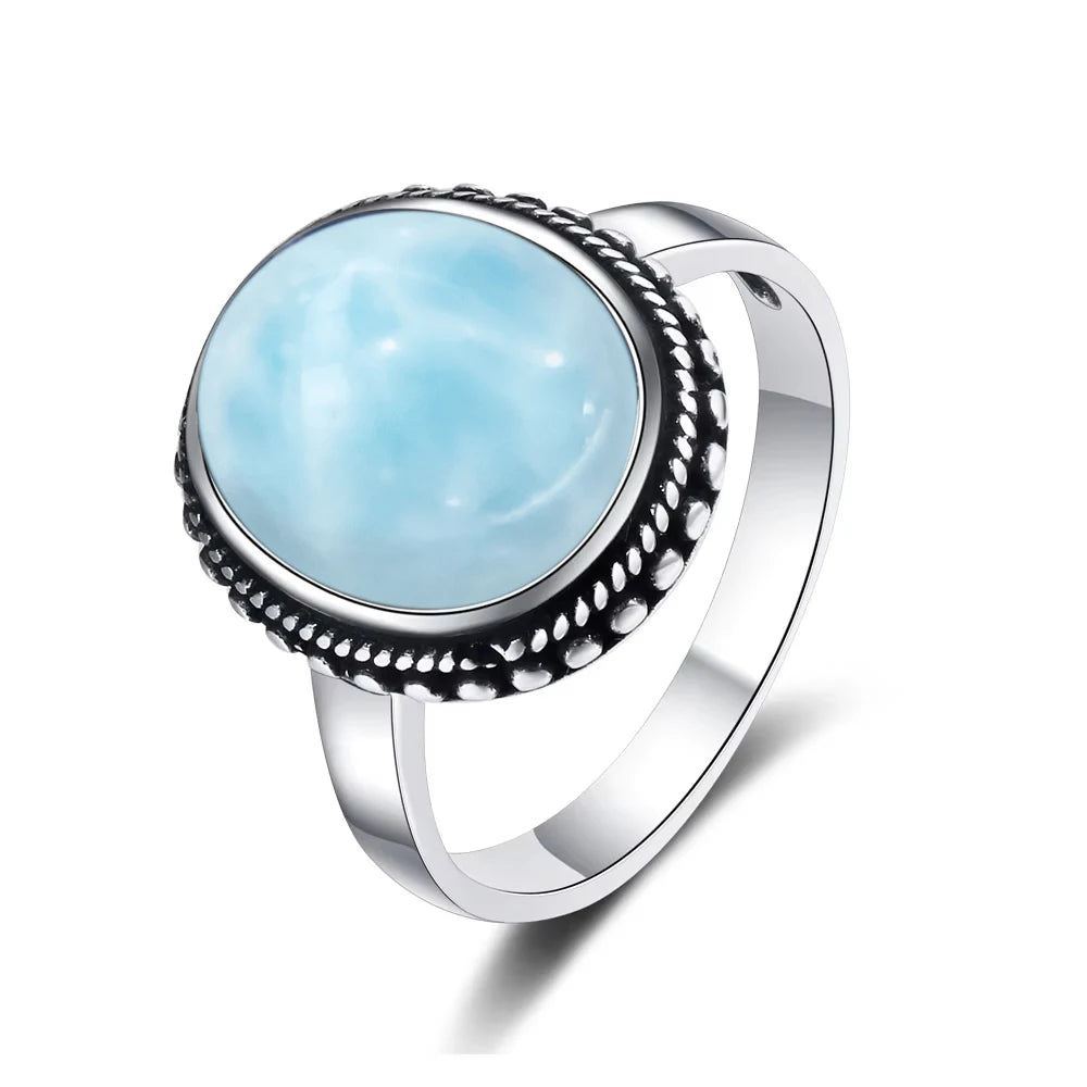 Bague Argent 925 Pierre Larimar Naturelle Vintage – Forme Fleur Ronde Bleu Ciel & Eau de Mer | Bijou Fin Unisexe Pierre Rare des Caraïbes & Cadeau Premium