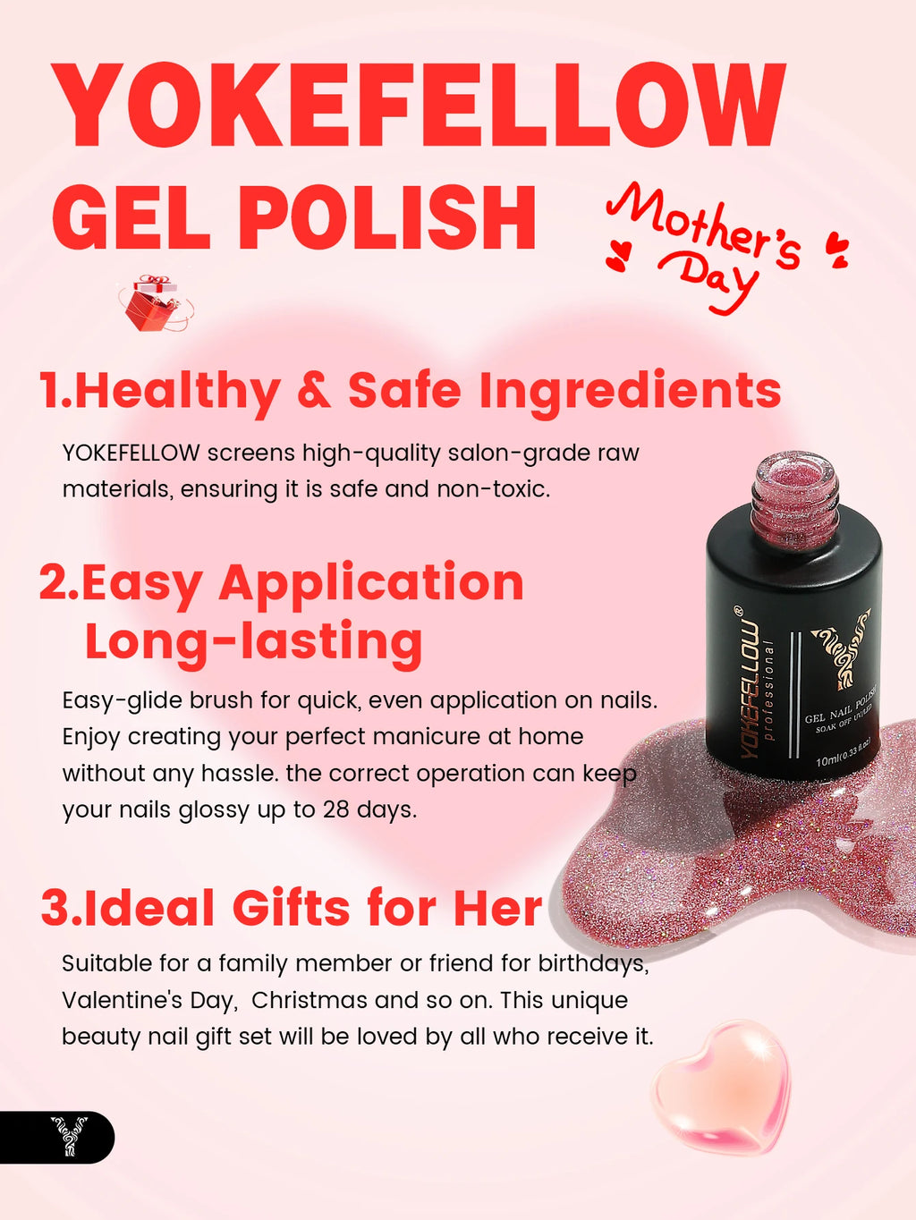 YOKEFELLOW Gel Polish Pastel Pink Glitter 6pcs – Vernis Semi-Permanent Été DIY Salon 10ML