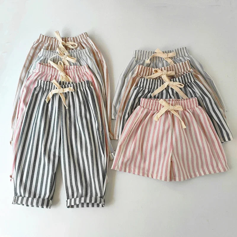 Short Lin Coton Enfant Rayures – Pantalon Court Casual Vintage Ample Garçon Fille Été